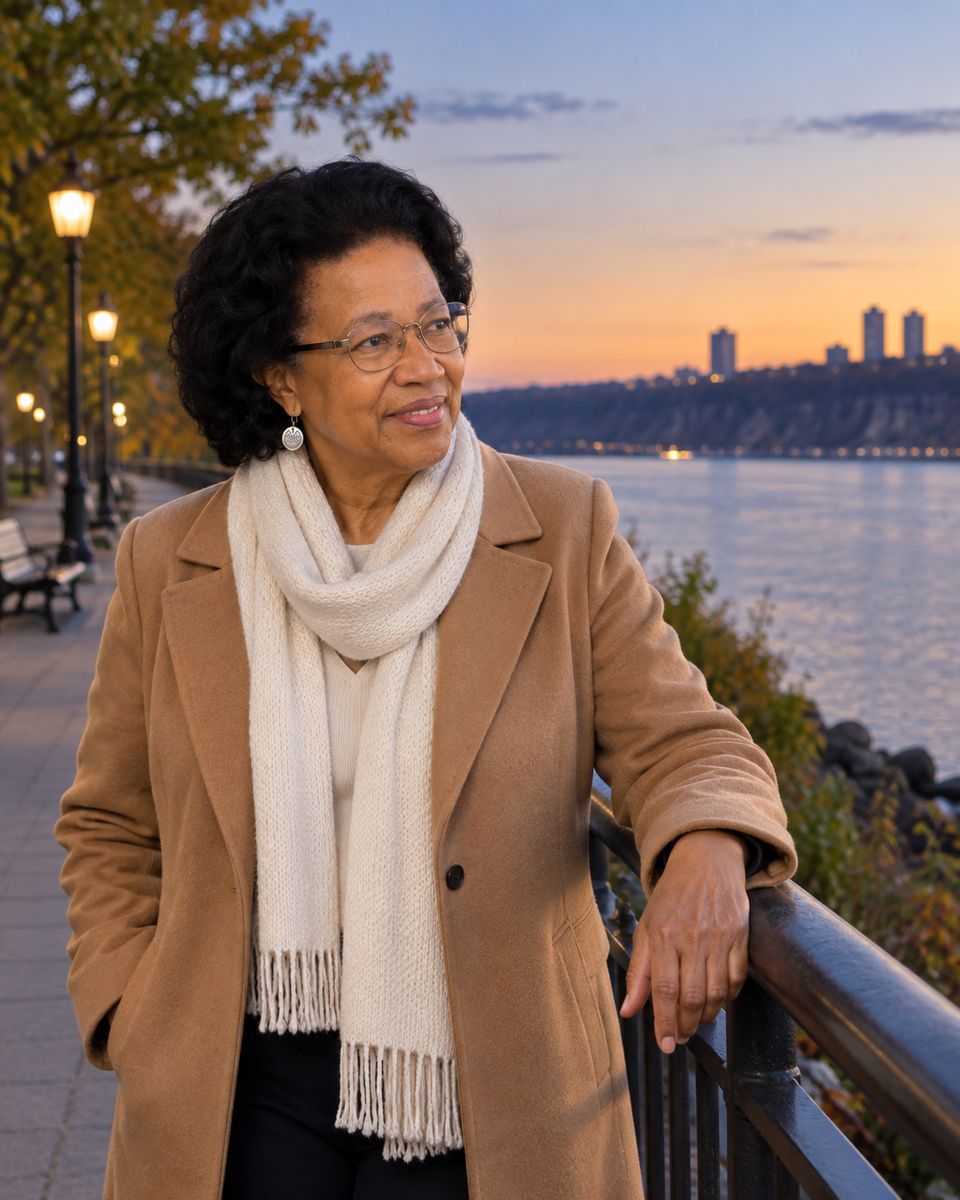 Dr. Fennoy at dusk on a riverside path in upper Manhattan, looking out over the water