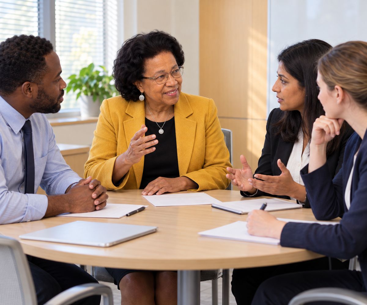 Dr. Fennoy in conversation with three young physicians around a table