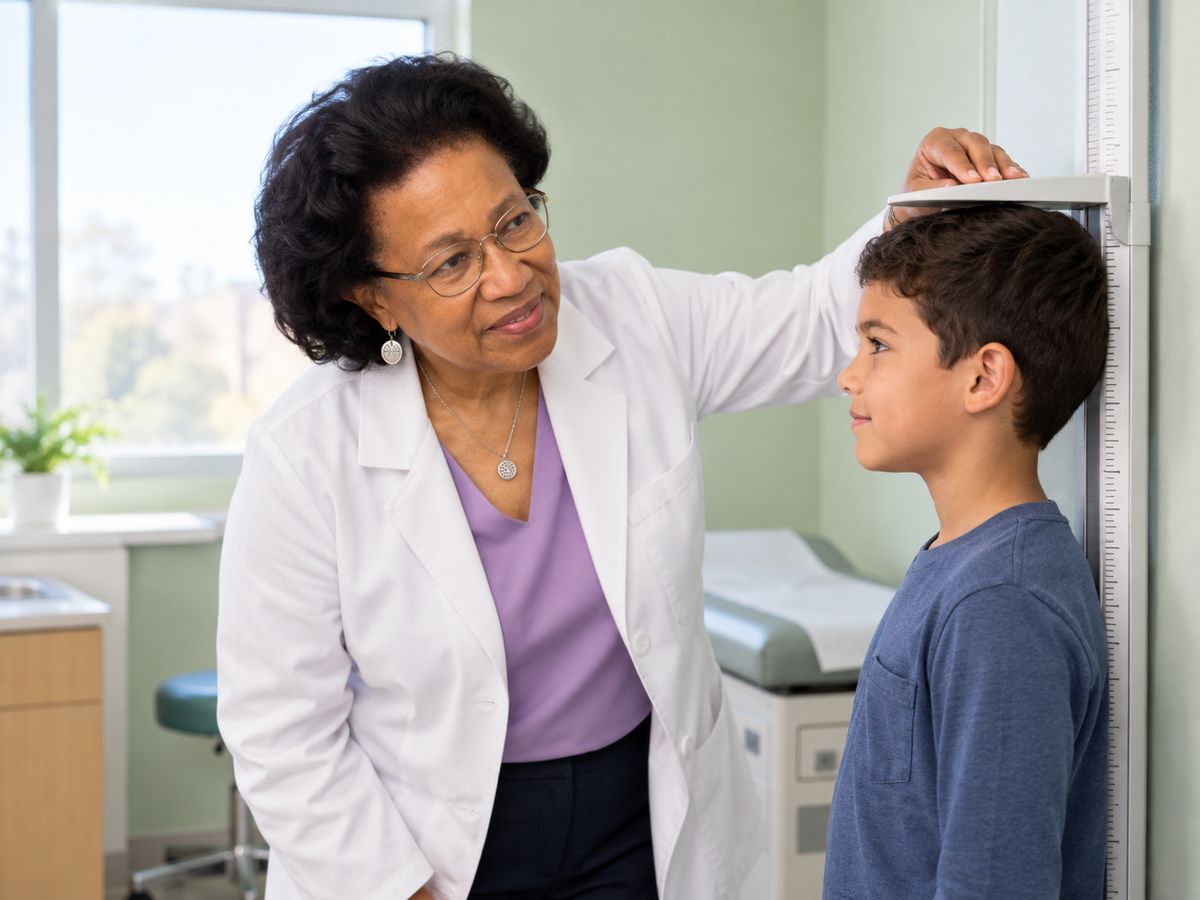 Dr. Fennoy measuring a boy's height at a wall stadiometer in an exam room