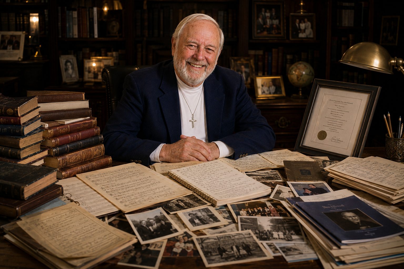 John W. Fisher seated at a table covered with books, sheet music, photographs and manuscripts