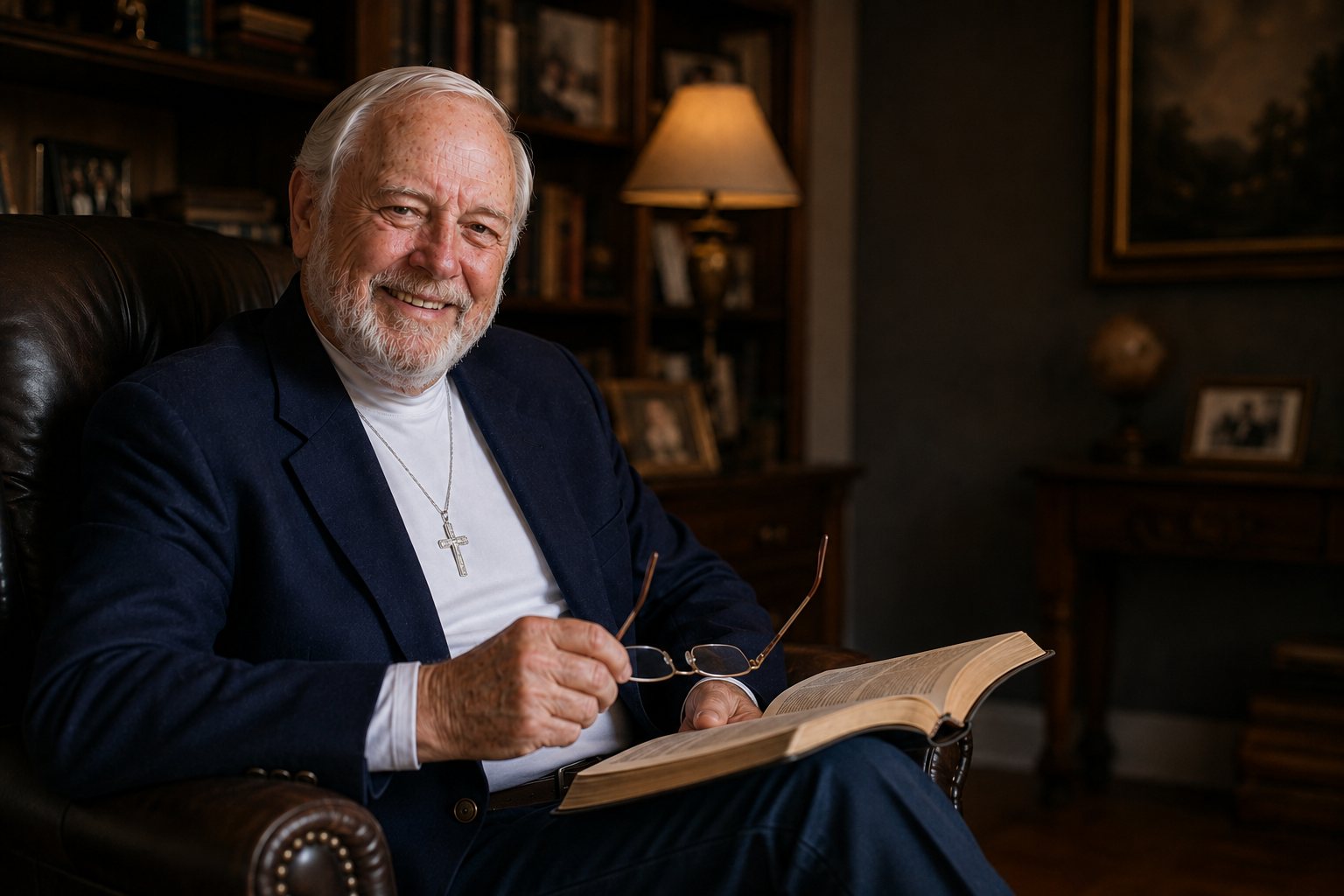 John W. Fisher seated in his study with an open book, reading glasses in hand