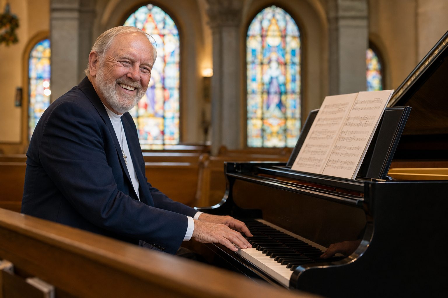 John W. Fisher at the piano in a church sanctuary, an open score on the music desk