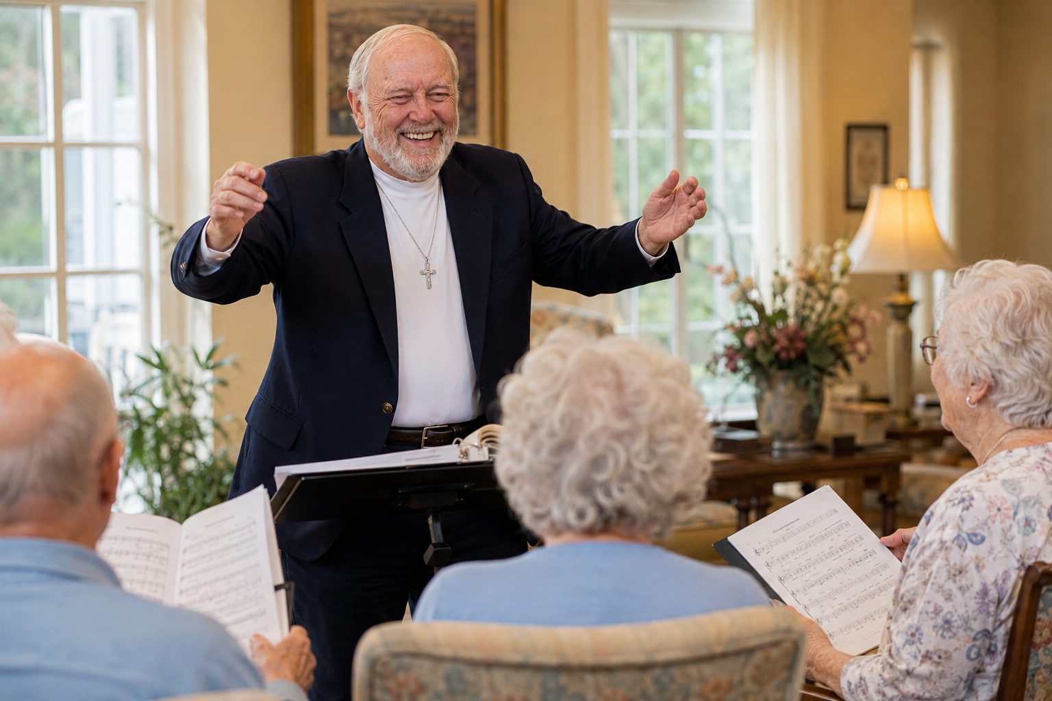John W. Fisher conducting a small group of older singers holding song sheets