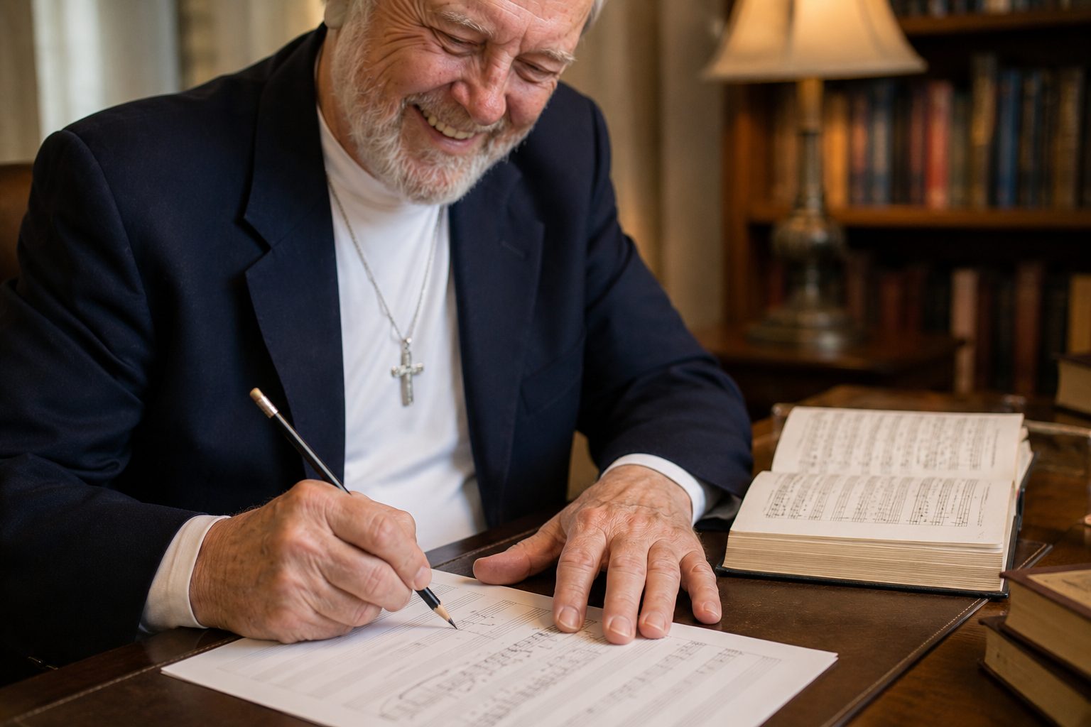 Close view of John W. Fisher's hands writing music on manuscript paper, a hymnal open beside him