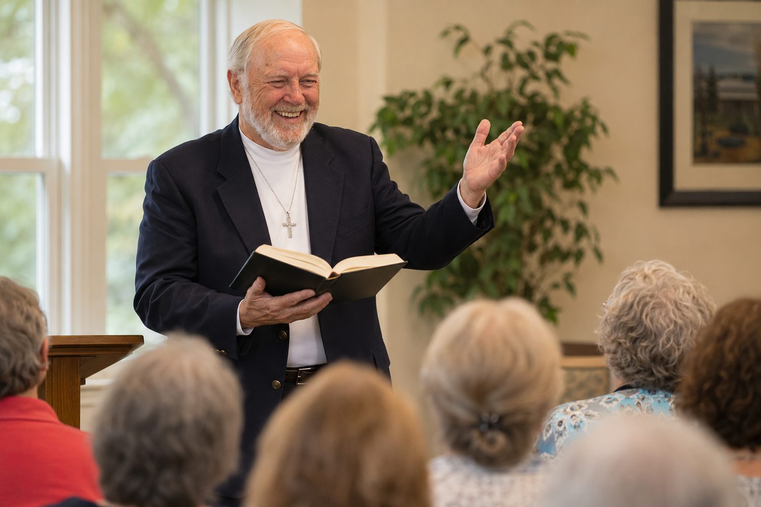 John W. Fisher standing and reading aloud from an open book to a small seated audience
