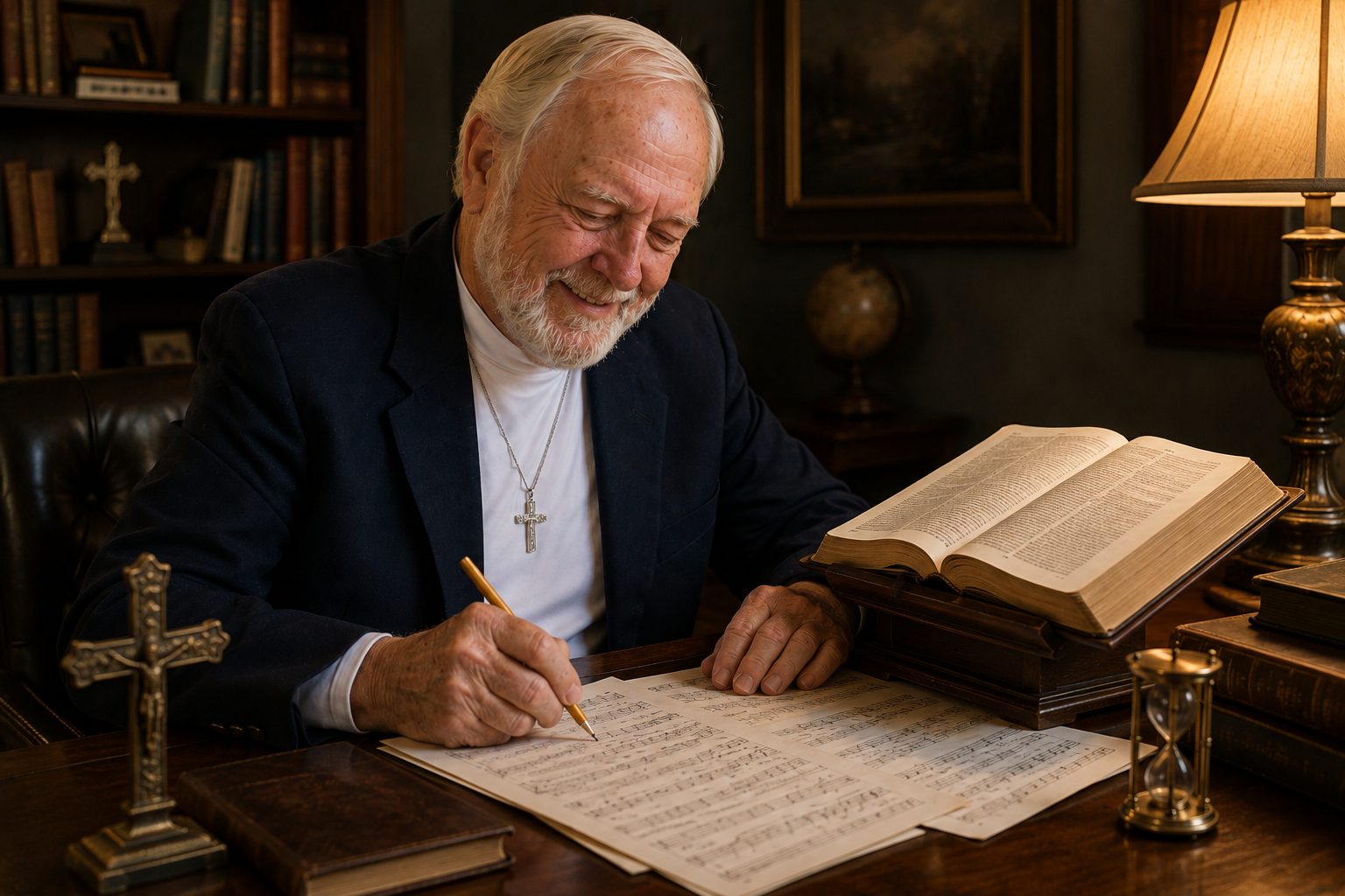 John W. Fisher studying an open Bible beside handwritten sheet music