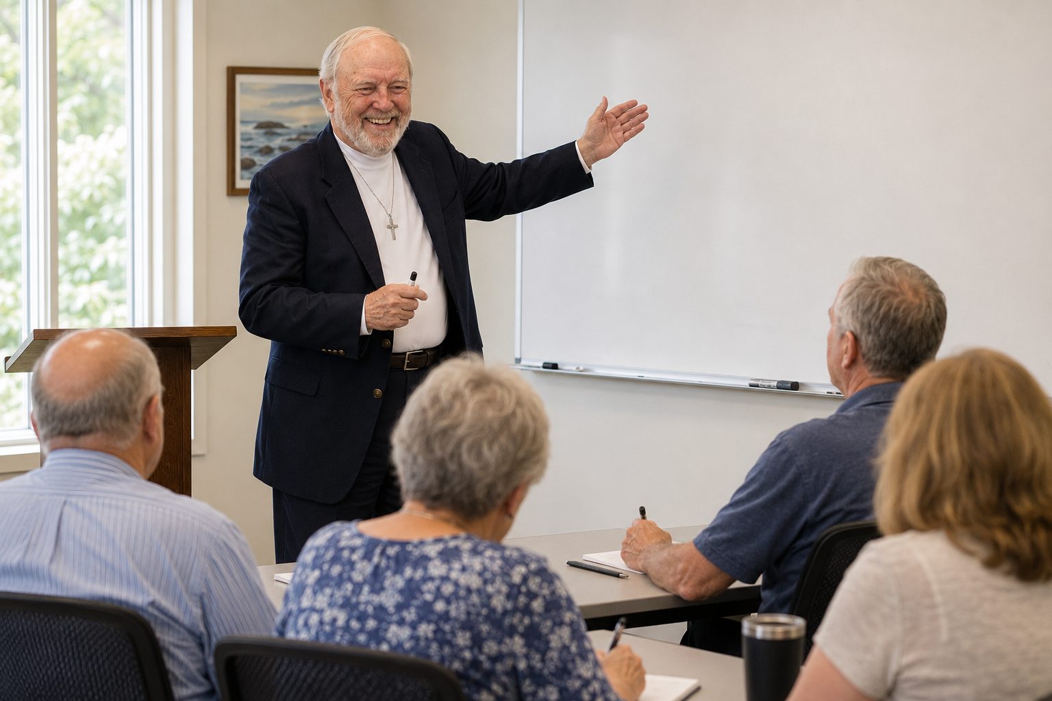 John W. Fisher teaching at the front of an adult classroom, gesturing toward a whiteboard
