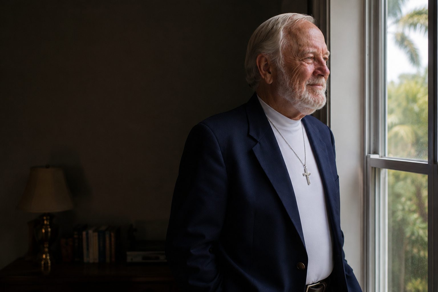John W. Fisher standing at a tall window in profile, lit from the side
