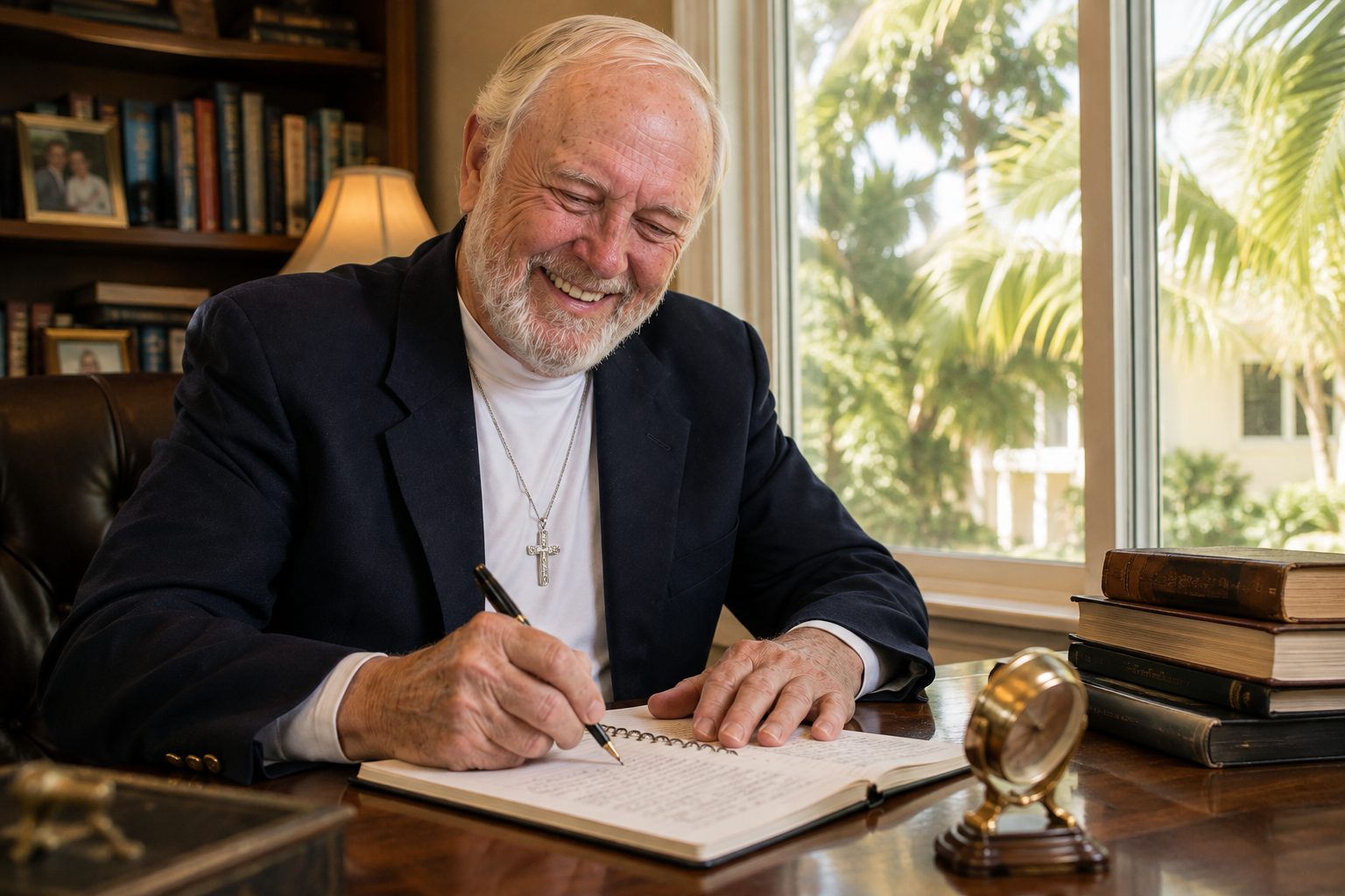 John W. Fisher writing at a desk beside a window with palm fronds outside