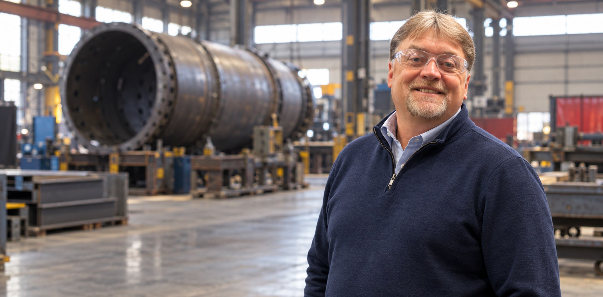 Shane Wallingford standing on the fabrication floor beside a ball mill shell