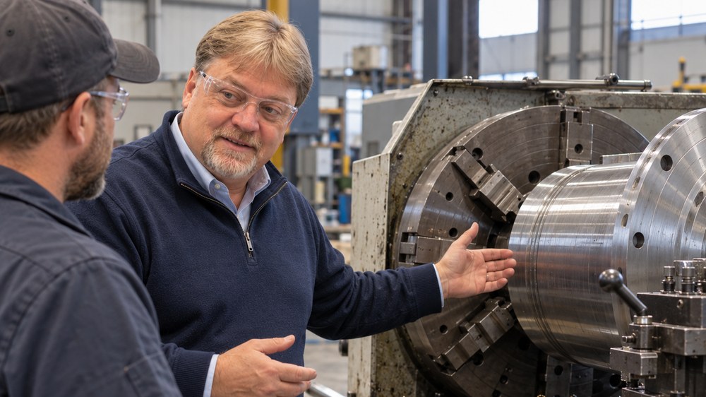 Shane Wallingford talking with a machinist beside a lathe