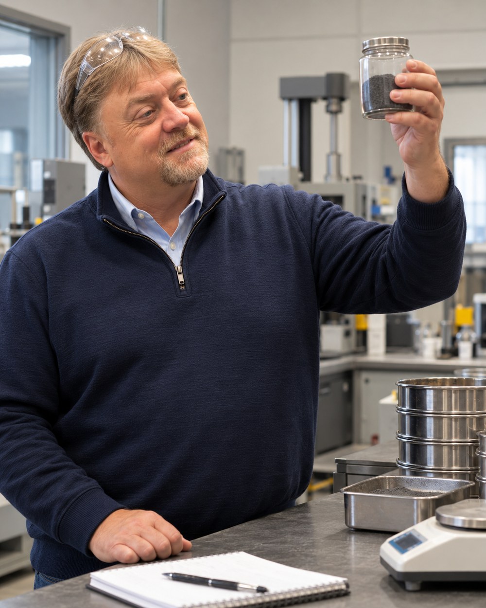 Shane Wallingford holding a sample jar up to the light in the laboratory
