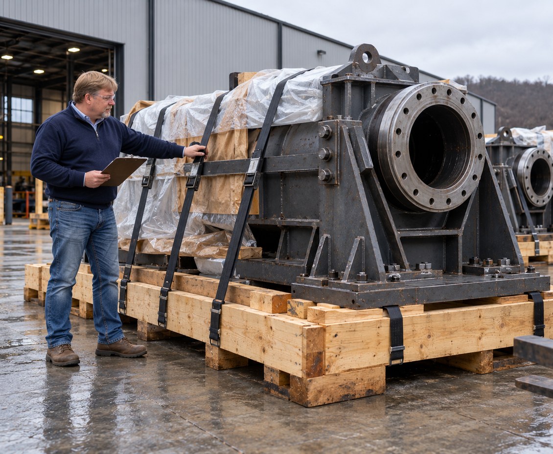 Shane Wallingford checking the strapping on crated equipment on the loading apron