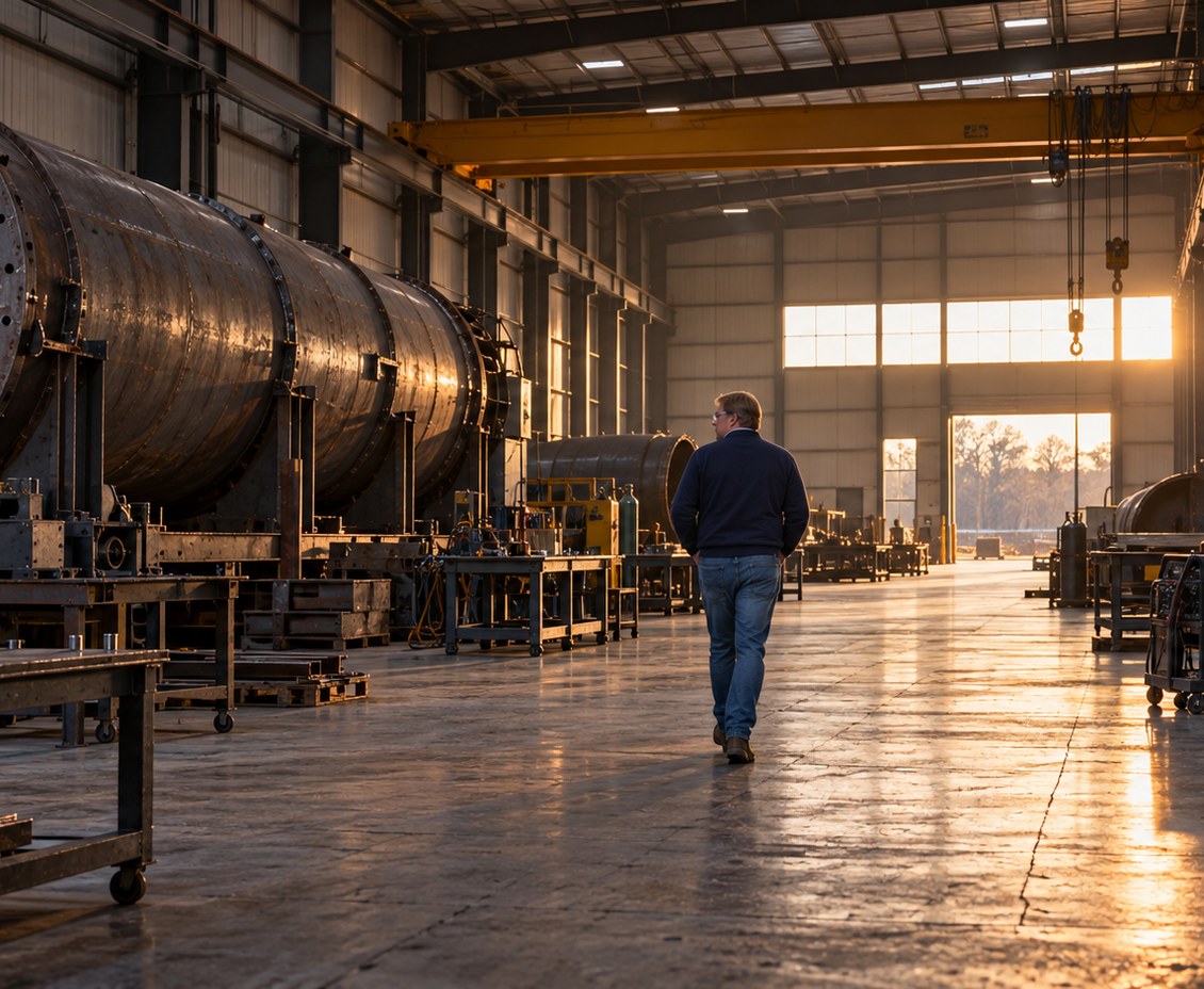 Shane Wallingford walking the length of the fabrication shop at the end of the day
