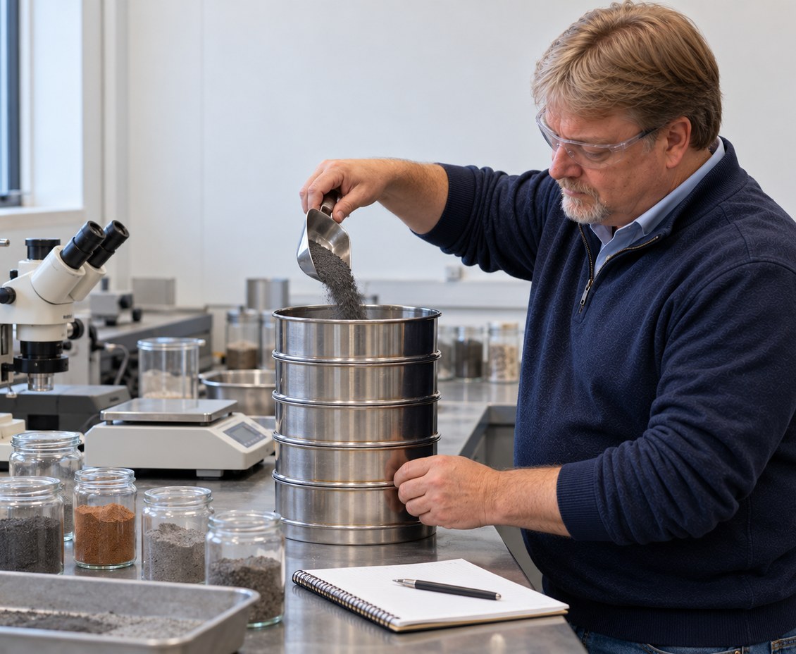 Shane Wallingford pouring a sample into a stack of test sieves in the laboratory