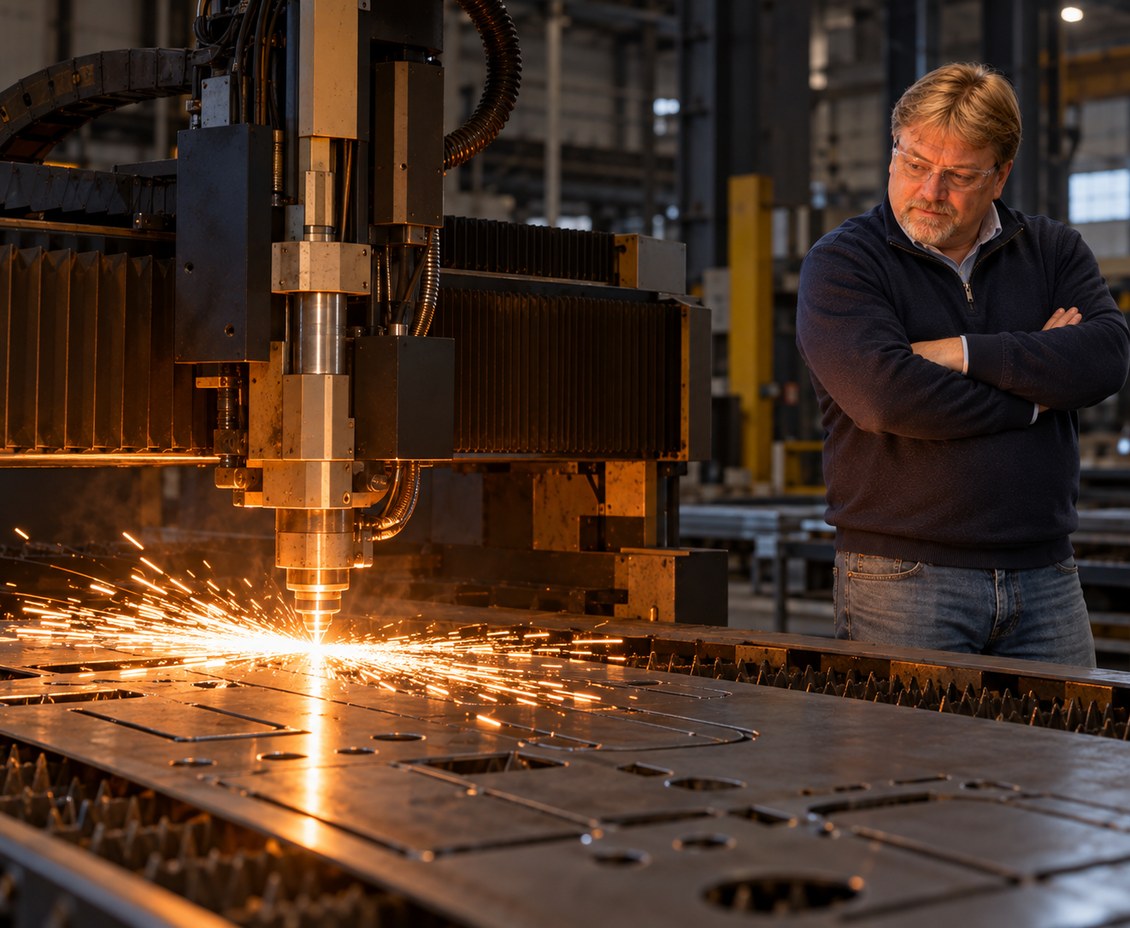 Shane Wallingford watching a CNC laser cut profiles from steel plate