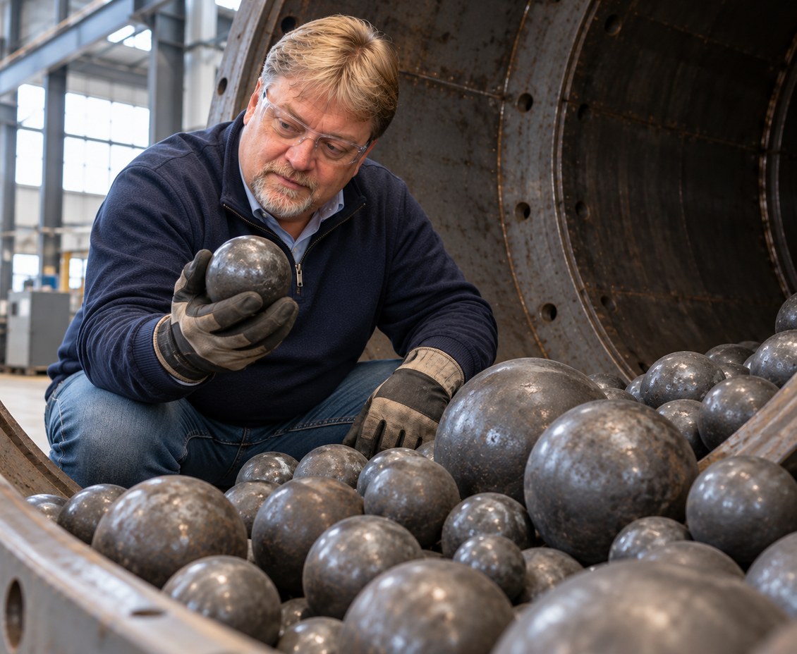 Shane Wallingford crouched at the open end of a mill drum, lifting a forged steel grinding ball