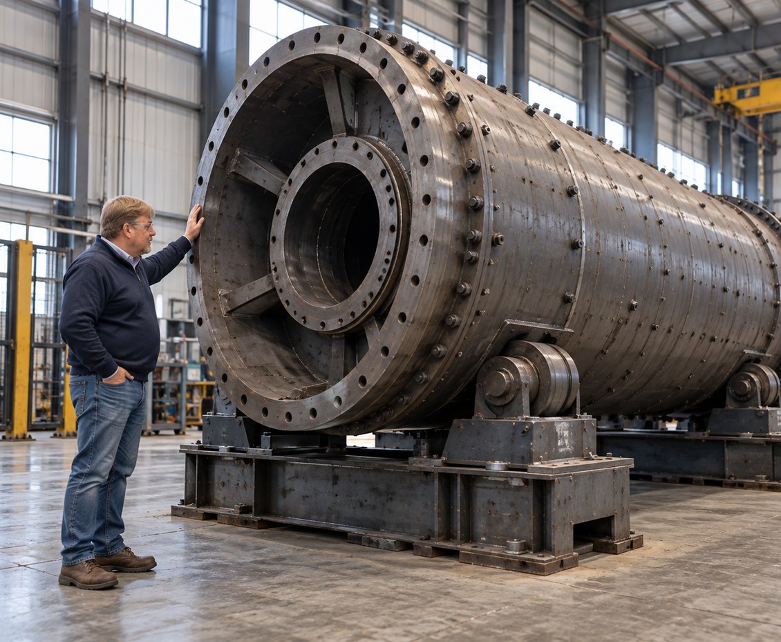 Shane Wallingford standing at the end of a large steel ball mill cylinder in the fabrication shop