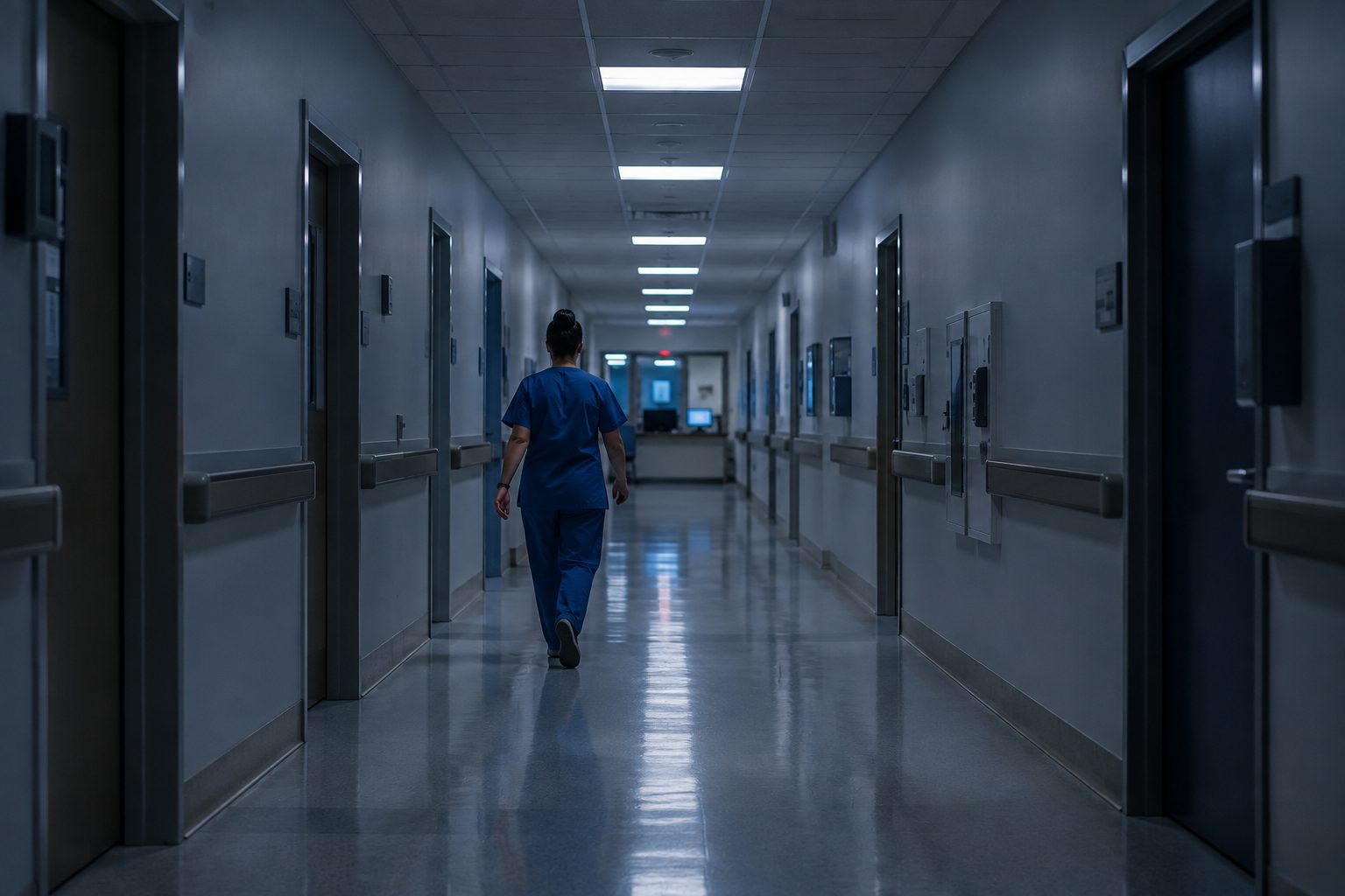 A nurse in scrubs walking away down an empty hospital corridor at night under fluorescent light.