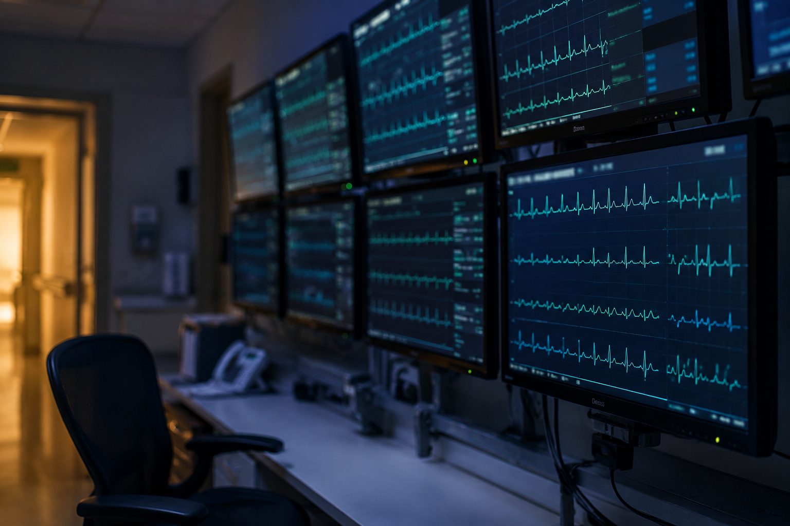 A bank of cardiac telemetry monitors in a dim hospital unit at night, waveforms running across every screen.