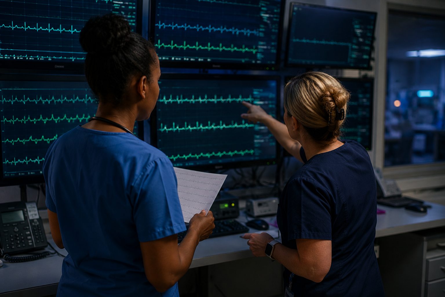 Two nurses at a telemetry station, seen from behind, one pointing at a waveform on screen while the other holds a printed strip.
