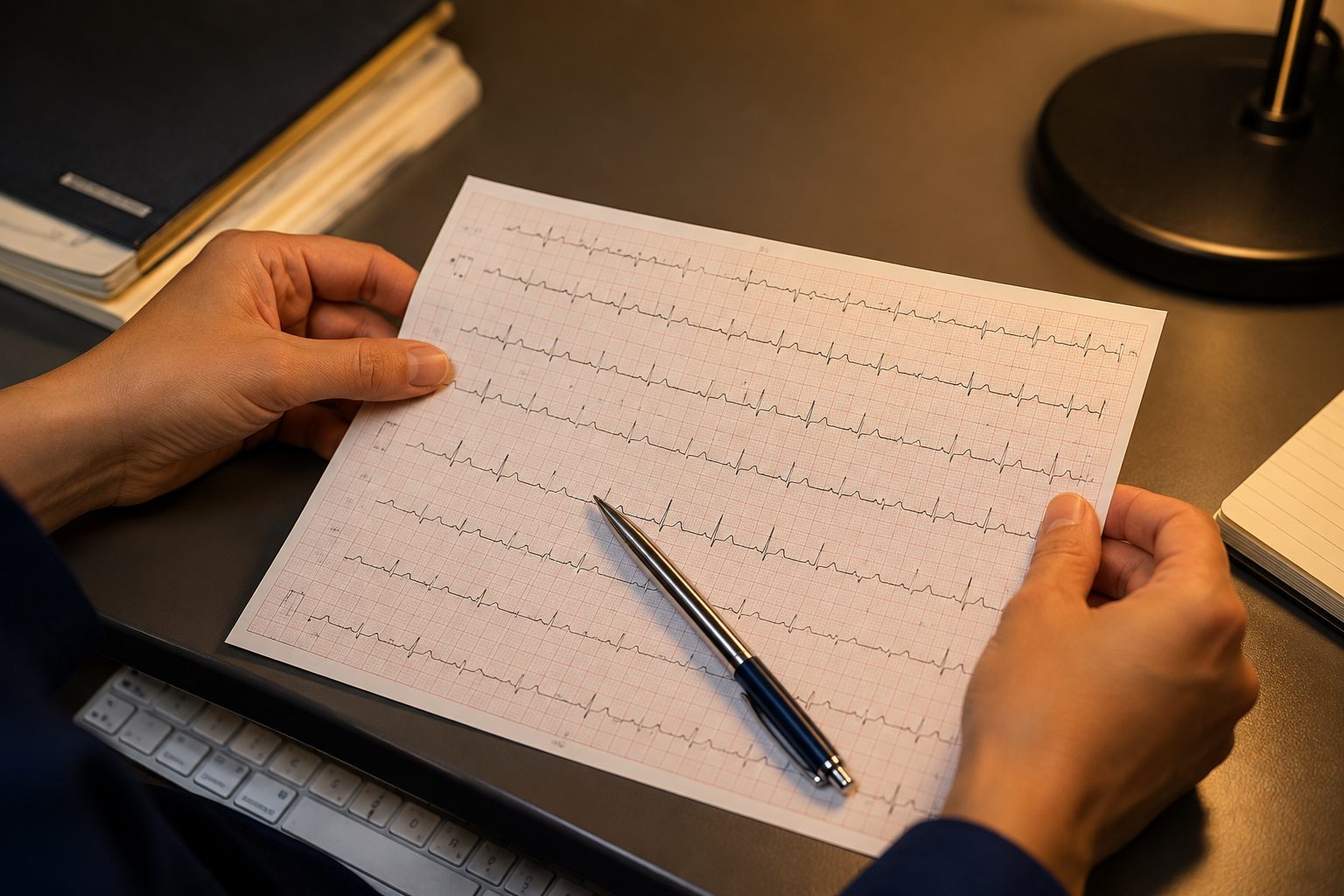 A printed ECG rhythm strip held flat on a desk under a lamp, a pen resting across it.