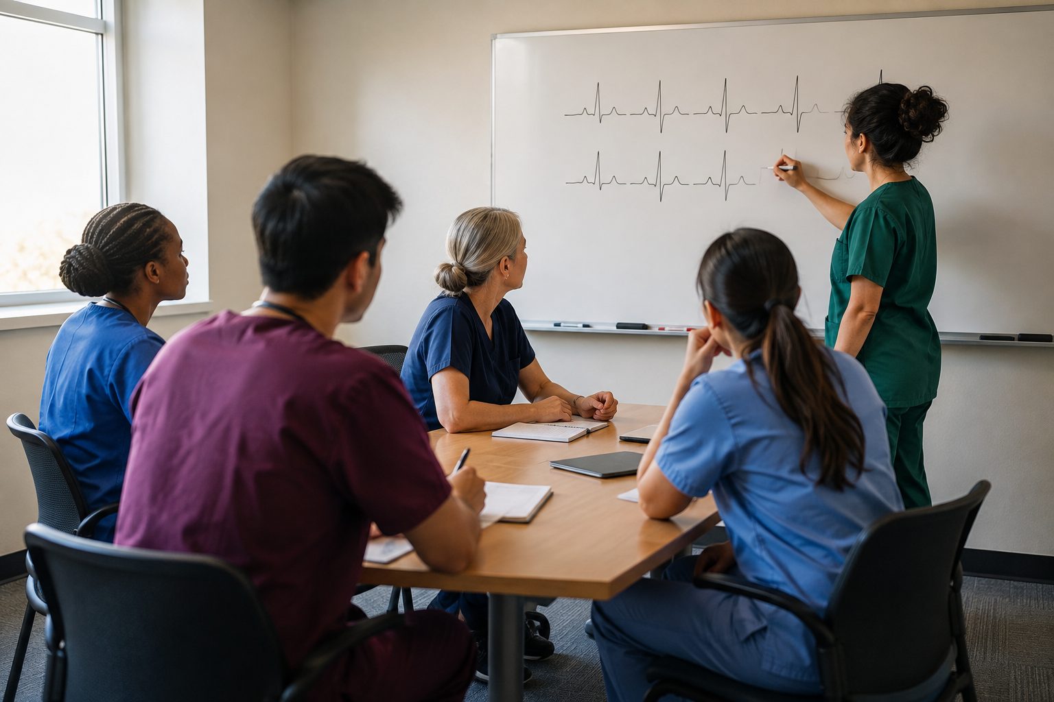 A small group of nurses in scrubs around a table while a colleague draws an ECG waveform on a whiteboard.