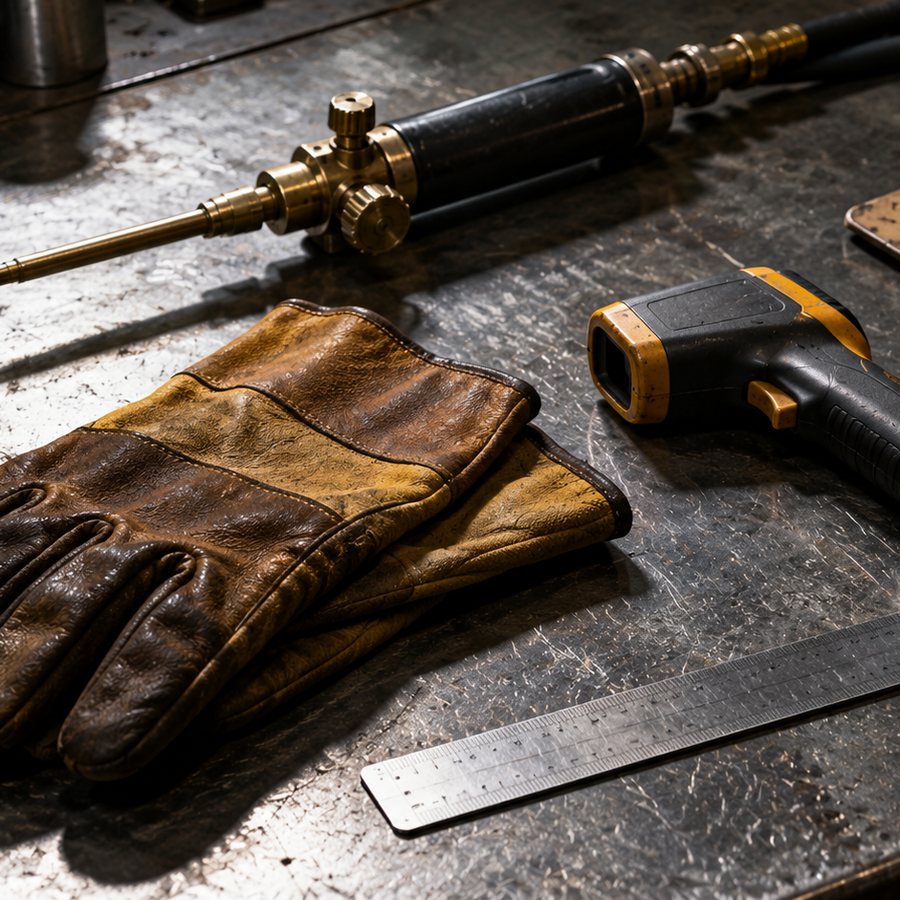 Gloves, a brazing torch, an infrared thermometer and a steel rule on a workbench.