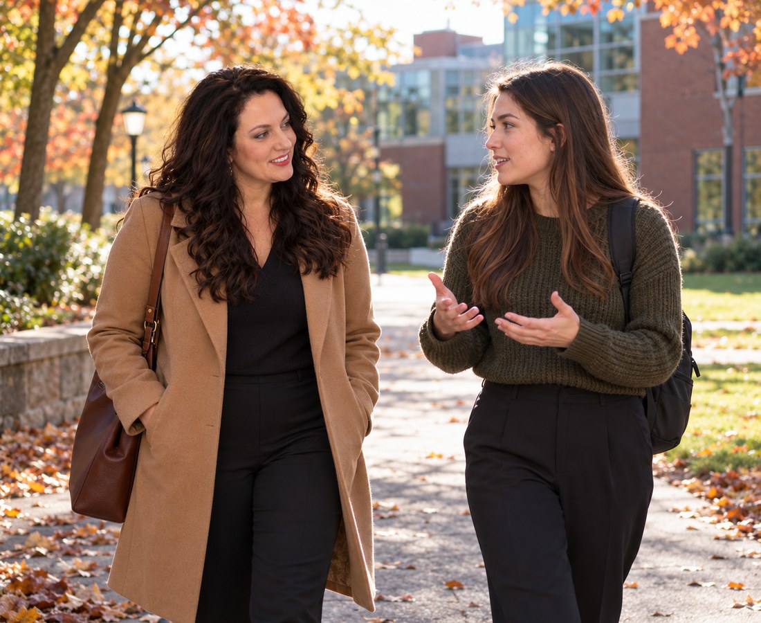 Dr. Katz-Levin walking across campus with a doctoral student