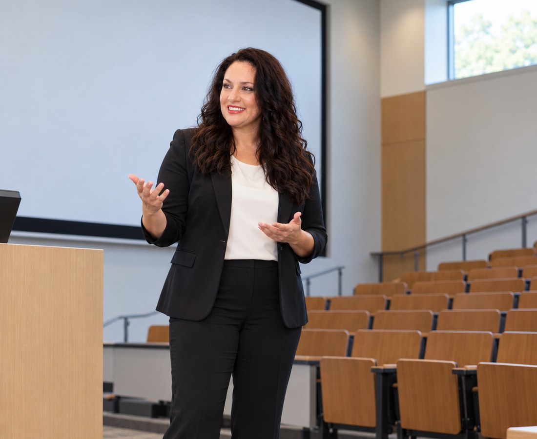 Dr. Katz-Levin at the front of a medical school lecture room