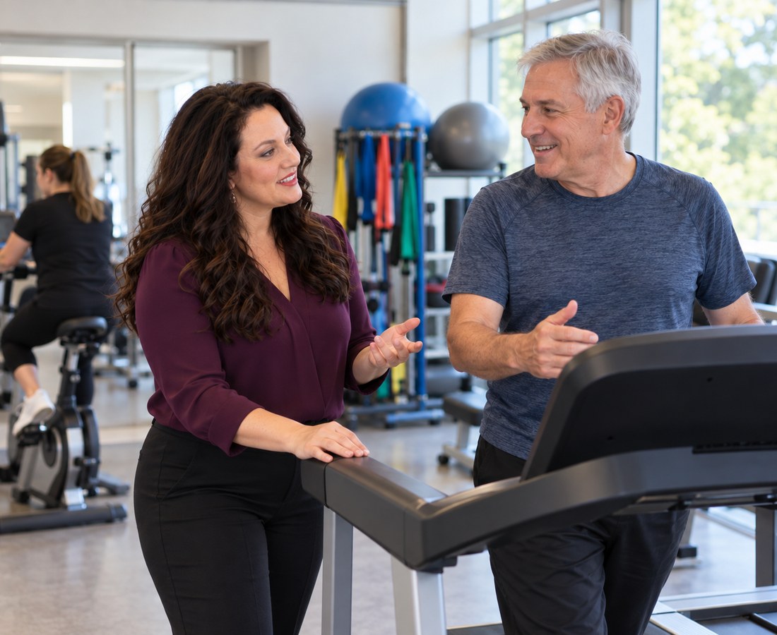 Dr. Katz-Levin talking with a participant in a cardiac and pulmonary rehabilitation gym