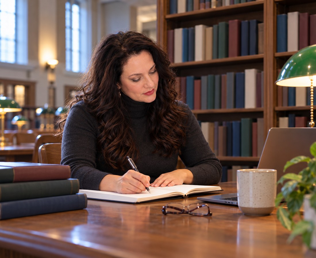 Dr. Katz-Levin writing at a desk in a library reading room