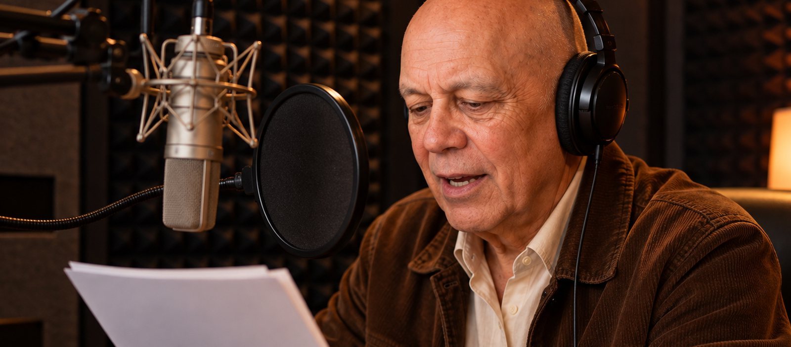Robert Flor reading a script in a recording booth, illustration