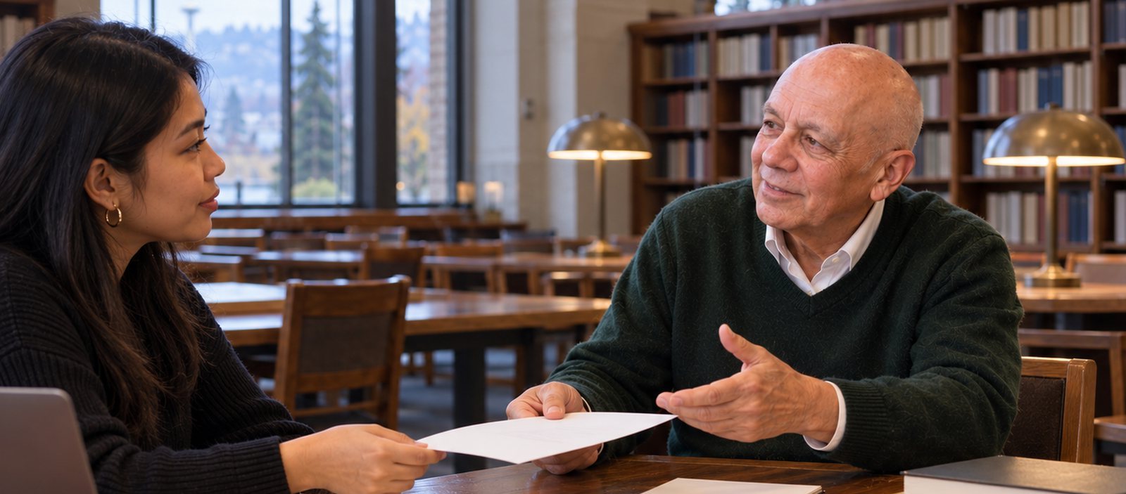 Robert Flor talking across a library table, illustration
