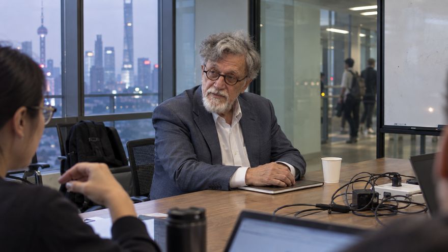 Illustrative portrait of Ronald Berenbeim at a long table in a glass walled classroom
