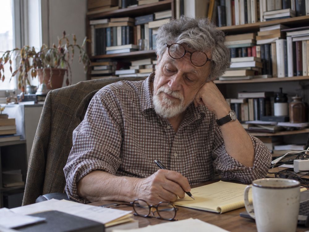 Illustrative portrait of Ronald Berenbeim working at a desk