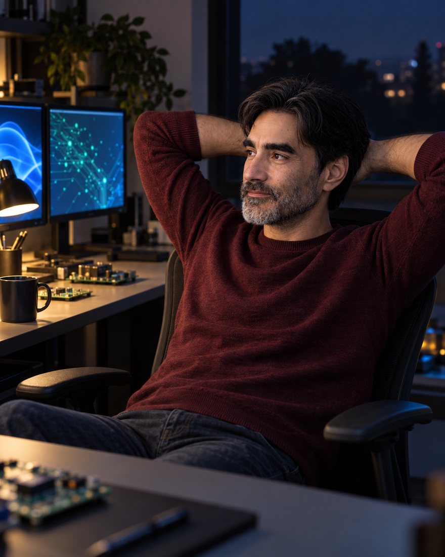 Stan Schekall thinking late at night in a home office, AI-generated