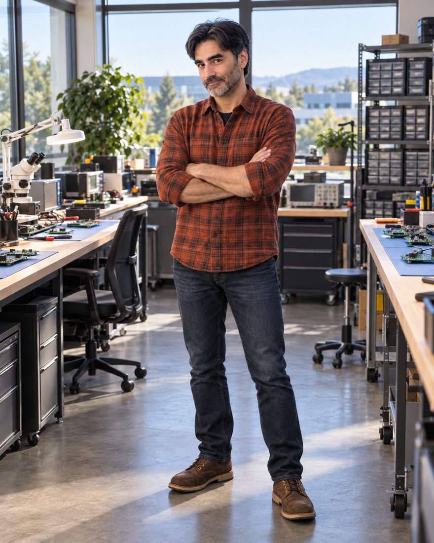Stan Schekall in an electronics design lab, AI-generated
