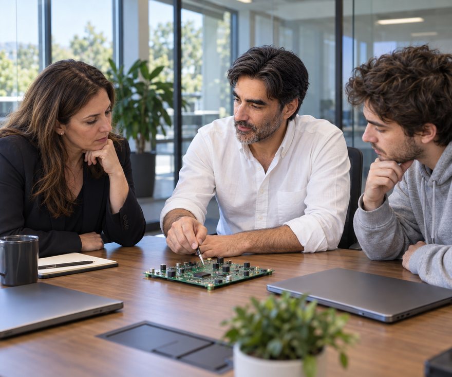 Stan Schekall reviewing a circuit board with two engineers, AI-generated