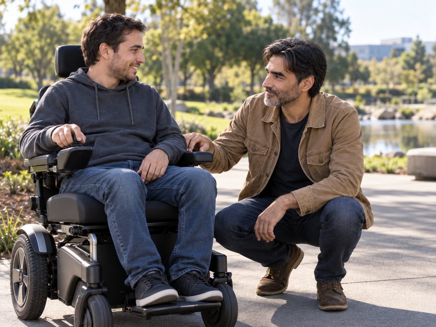 Stan Schekall talking with a wheelchair user at eye level, AI-generated