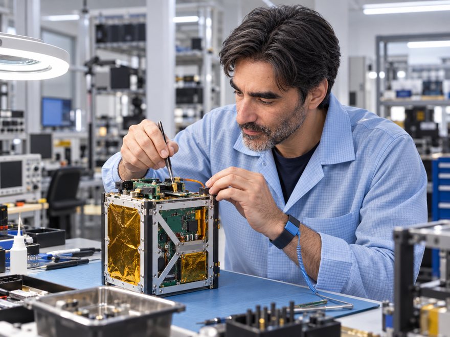 Stan Schekall at an electronics bench in an anti-static smock, AI-generated