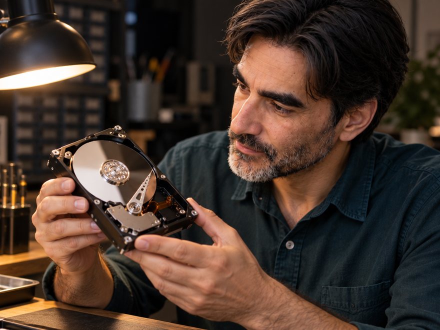 Stan Schekall examining the inside of a hard disk drive, AI-generated