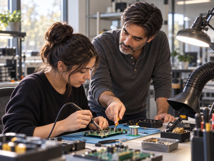 Stan Schekall guiding a junior engineer at a workbench, AI-generated