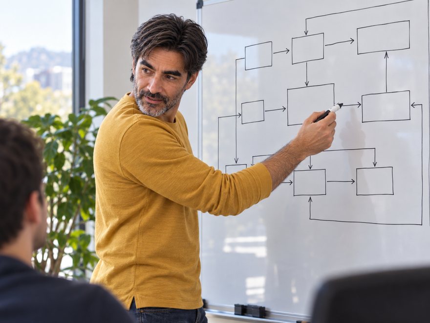 Stan Schekall sketching a system diagram on a whiteboard, AI-generated