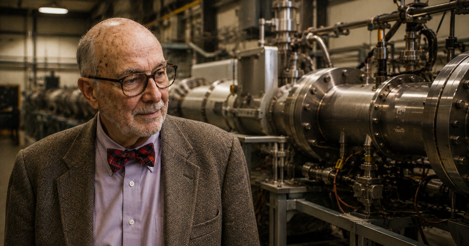 Steven Grimes beside a beamline at the Edwards Accelerator Laboratory