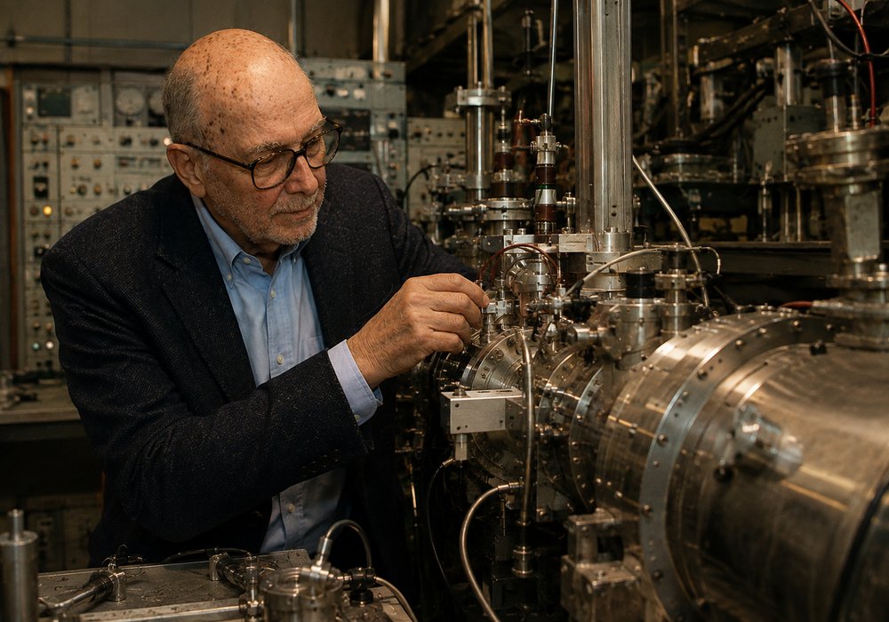 Steven Grimes at a detector chamber in the accelerator laboratory