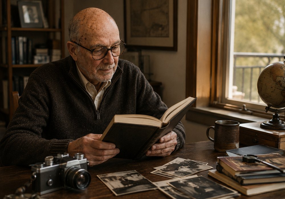 Steven Grimes reading at his desk, with a camera and photographs beside him