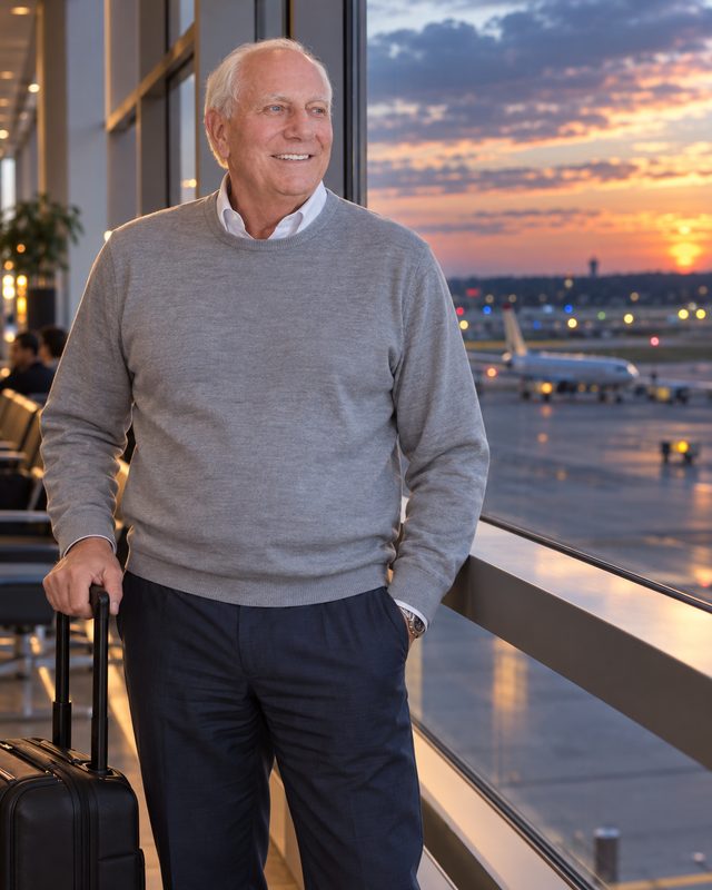 Wally Wilson at an airport window at dusk