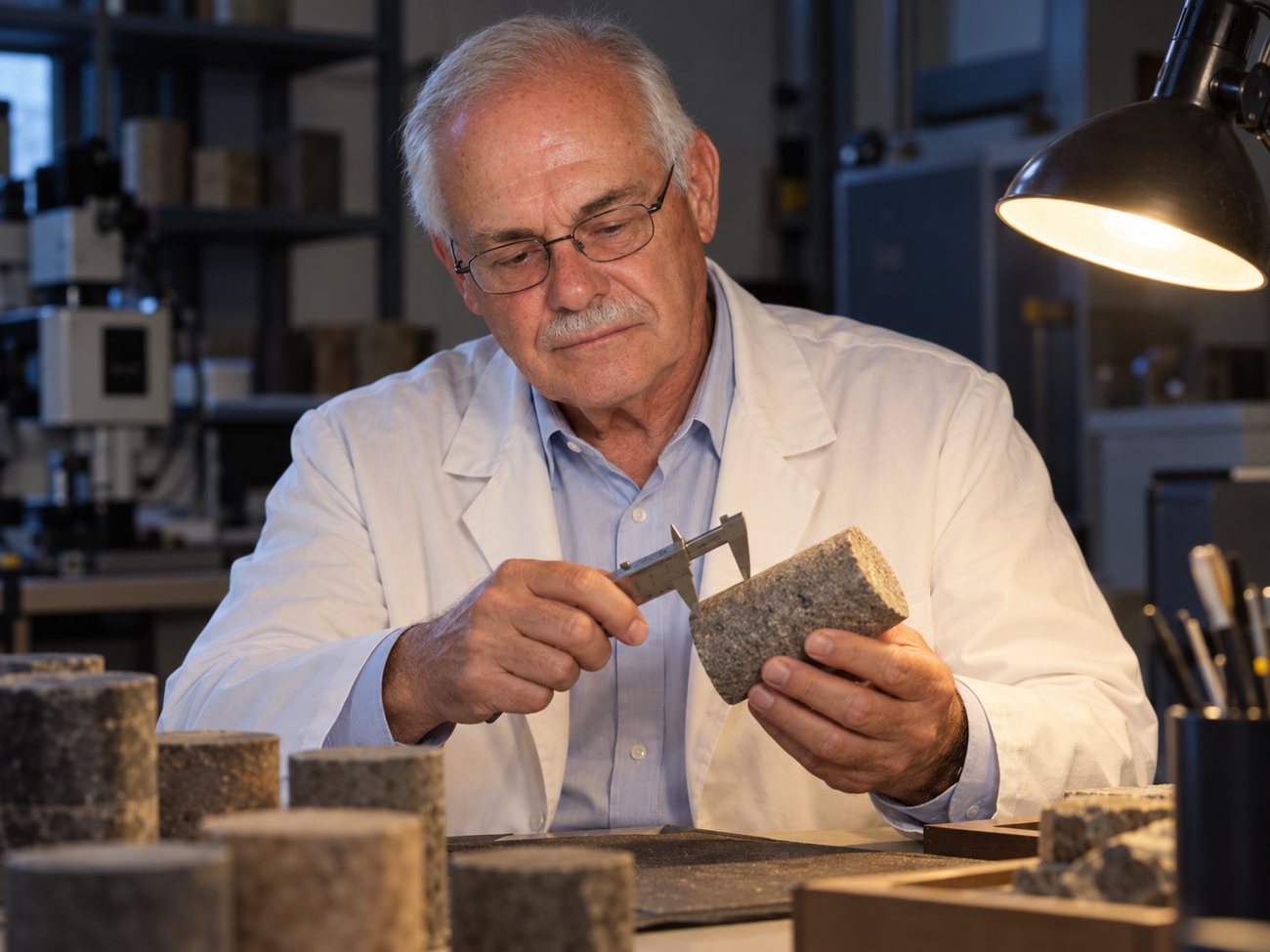 Examining a rock core sample at the bench