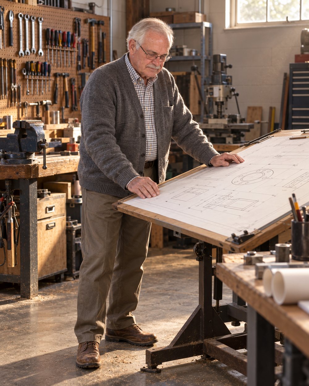 At the drafting table in his workshop